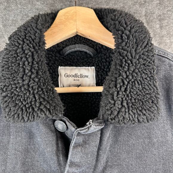 Goodfellow Denim Trucker Jacket Mens Size Small Black Faux Shearling Sherpa - Picture 3 of 11